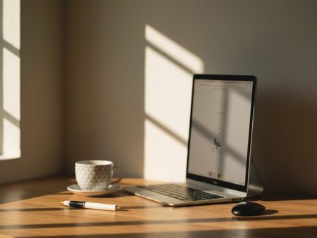 다양한 바닥재 샘플들이 나란히 놓인 나무 작업대 위 전경, 목재 판재, 타일, 비닐 소재 샘플들이 손잡이가 달린 작은 도구들과 함께 배치됨