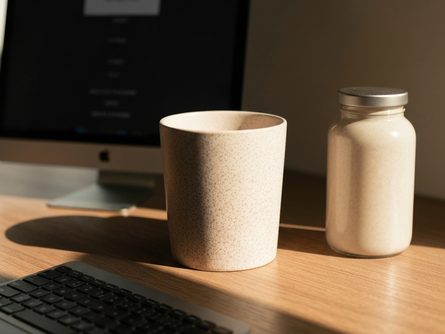 넓은 나무 책상 위에 펼쳐진 건축 도면과 색상 견본, 재질 샘플들, 그 옆에 놓인 각도자와 연필