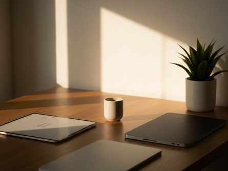 책상 위에 펼쳐진 건축 설계 도면과 계산기, 볼펜, 견적 서류 클립보드