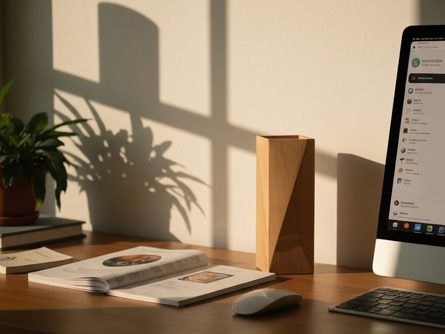 거실 테이블 위에 놓인 흰색 원형 가습기와 관엽식물, 북유럽 스타일 패브릭 소파