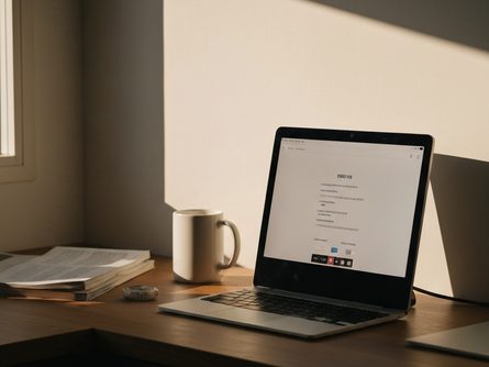 밝은 주방 조리대 위에 놓인 도마와 칼, 신선한 야채와 허브들, 옆에 레시피 노트와 계량스푼