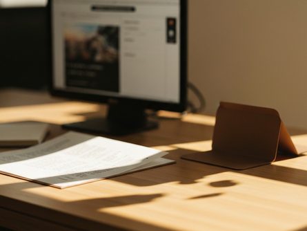 책상에 펼쳐진 인테리어 평면도와 컬러 샘플 칩, 손으로 잡은 견적서 클로즈업