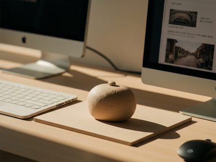 밝은 햇살이 드는 거실 한켠에 놓인 큰 관엽식물과 작은 화분들, 나무 선반 위 다육식물