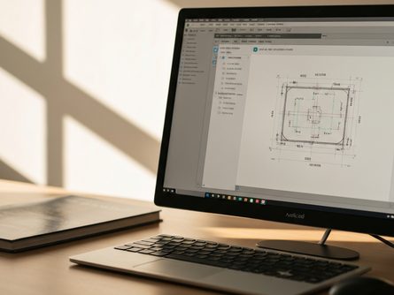 넓은 목재 작업대 위에 놓인 AutoCAD 실행 중인 모니터와 제도 도구들, 창밖으로 보이는 자연광