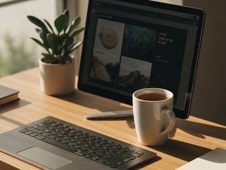 밝은 사무실에서 펼쳐진 인테리어 설계 도면과 자재 샘플, 손으로 가리키는 모습