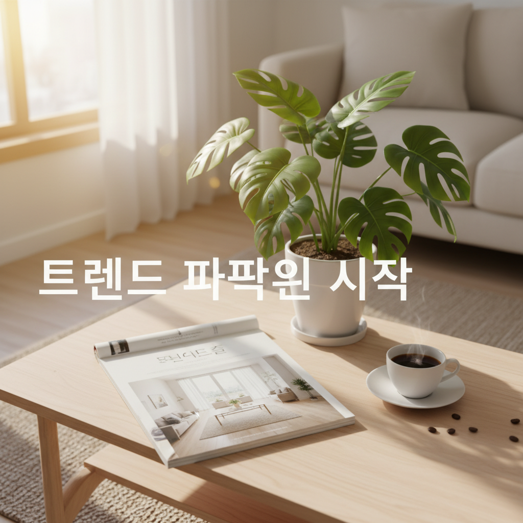 밝은 햇살이 드는 거실 테이블 위에 펼쳐진 인테리어 잡지와 관엽식물, 커피잔