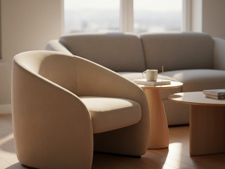 햇살이 들어오는 거실 한쪽에 놓인 부드러운 곡선의 베이지 벨벳 암체어와 원목 사이드 테이블, 흐릿한 배경의 회색 소파
