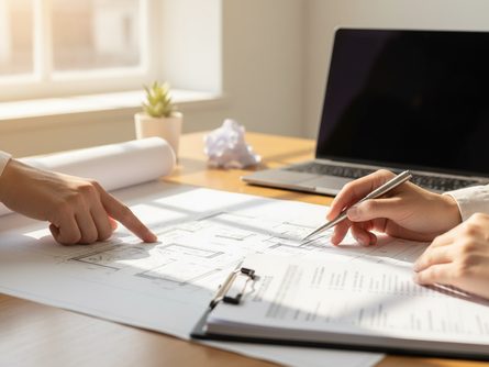 밝은 사무실 한켠에서 인테리어 설계 도면과 견적서를 펼쳐놓고 대화하는 두 사람의 손