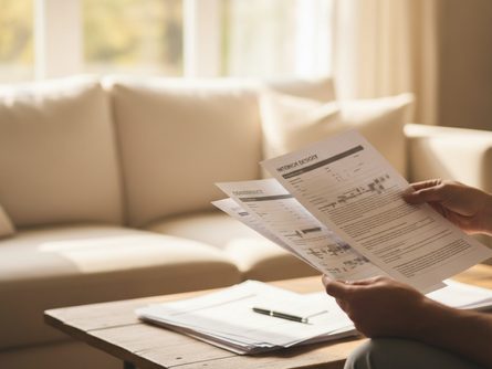 거실 소파에 앉아 여러 장의 견적서와 계약서를 펼쳐 살피는 사람의 손 클로즈업, 밝은 자연광 배경