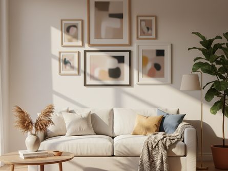 햇살이 드는 거실 벽면에 다양한 크기의 액자 5개가 일정한 간격으로 배치된 갤러리 월, 중앙에는 흰색 소파와 쿠션