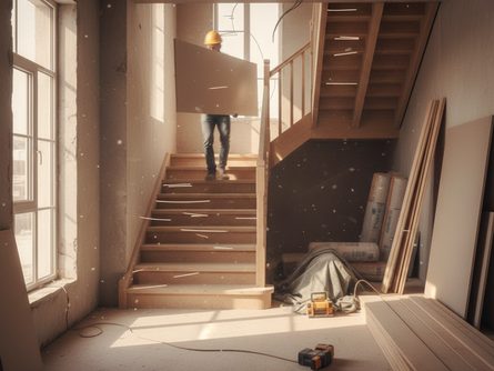 인테리어 현장에서 헬멧을 쓴 작업자가 석고보드를 들고 계단을 올라가는 장면, 햇빛이 비치는 실내 공간