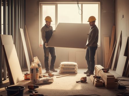 건설 현장 내부에서 안전모를 쓴 두 명의 작업자가 석고보드를 옮기고 있는 모습, 뒤로 자재와 공구가 보이는 실내 공사 현장