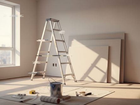 햇살 드는 빈 거실 공간, 바닥에 놓인 롤러와 페인트통, 사다리와 석고보드 패널