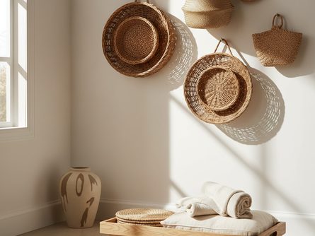 밝은 햇살이 드는 거실 한쪽 벽면에 라탄 바구니 여러 개와 원목 트레이, 면 쿠션이 배치된 장면