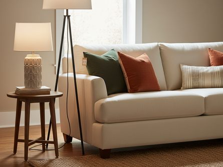 밝은 거실 한켠에 놓인 플로어 스탠드와 테이블 램프, 소파 위 쿠션과 황마 러그, 따뜻한 조명이 비추는 공간