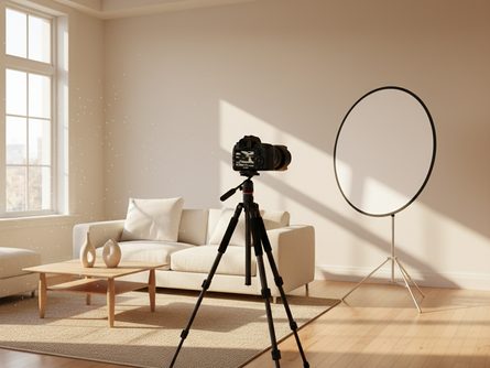밝은 햇살이 드는 빈 거실 공간, 삼각대 위에 장착된 디지털 카메라와 흰색 반사판