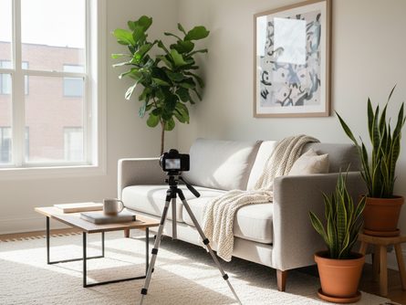 밝은 햇살이 쏟아지는 거실 한켠, 삼각대에 올려진 카메라가 소파와 관엽식물을 향해 있는 모습, 측면에서 촬영한 공간 전체