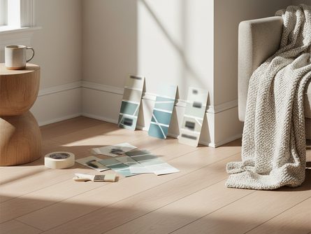 햇살이 드는 거실 한켠, 목재 바닥재와 흰색 몰딩, 페인트 견본 샘플 여러 개가 놓인 모습