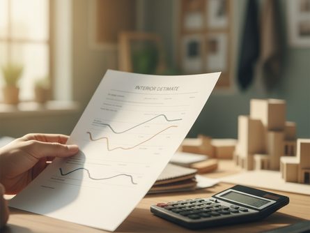 손으로 펼쳐 든 인테리어 견적서와 전자계산기 클로즈업, 흐릿한 작업실 배경