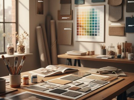 넓은 작업실 한켠, 벽면에 붙은 천 샘플과 색상 차트, 테이블에 펼쳐진 소재 보드와 붓