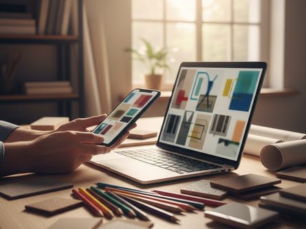 밝은 자연광이 드는 작업실 책상에서 노트북과 스마트폰을 펼쳐놓고 인테리어 이미지를 비교하는 손, 옆에 색연필과 소재 샘플 조각들이 놓인 모습
