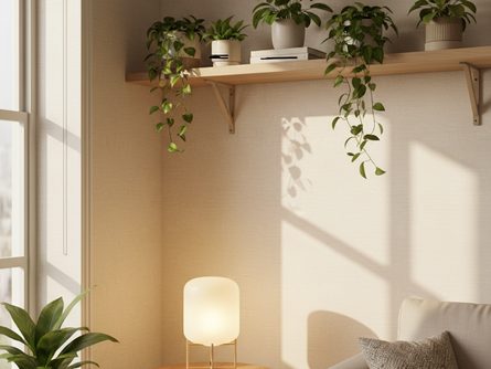 밝은 햇살이 드는 거실 한켠, 크림톤 실크 벽지와 화분이 놓인 선반, 따뜻한 조명