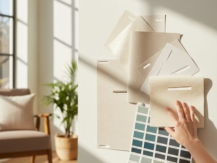 밝은 햇살이 드는 거실 한켠, 흰색 벽면에 실크 질감의 벽지 샘플 여러 장과 색상표, 손으로 만지는 사람